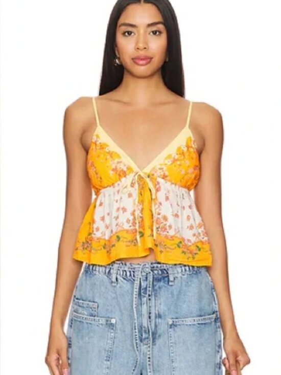 Free People Tops - NWT Free People Double Date Floral Golden Yellow Babydoll Cami Tank Top M $78